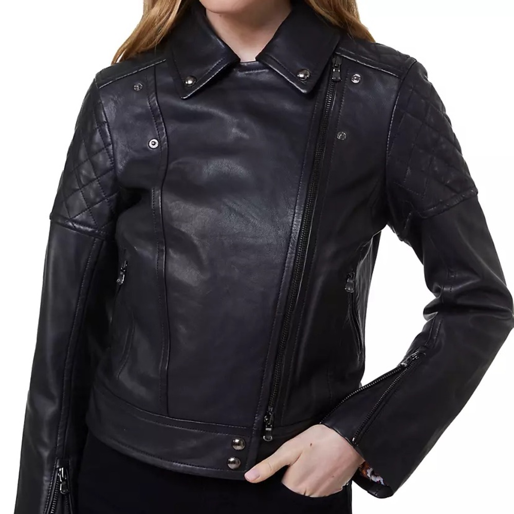 Robert Graham Black Leather Biker Jacket with Asymmetrical Zipper